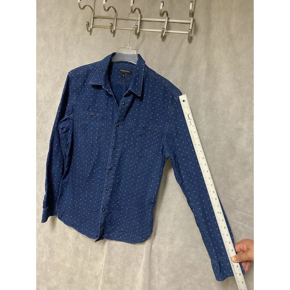 Banana Republic Men Shirt L Blue‎ AOP Slim Snap Button Up Casual Chambray Preppy